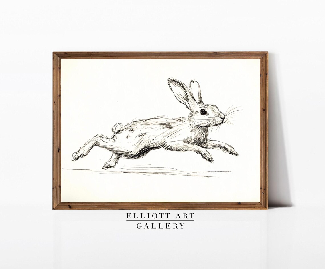 Leaping Hare Ink Sketch Antique Rabbit Drawing Vintage Animal Art Print
