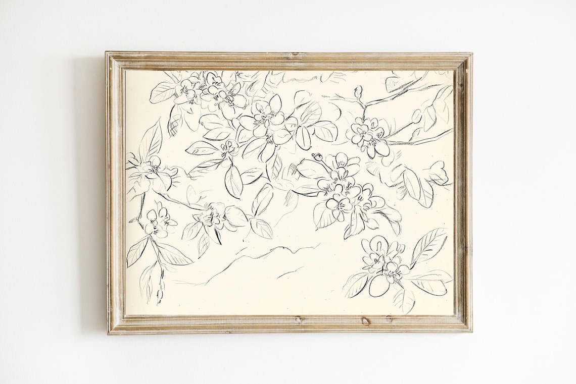 Vintage Floral Line Drawing Botanical Sketch Cream Ink Poster