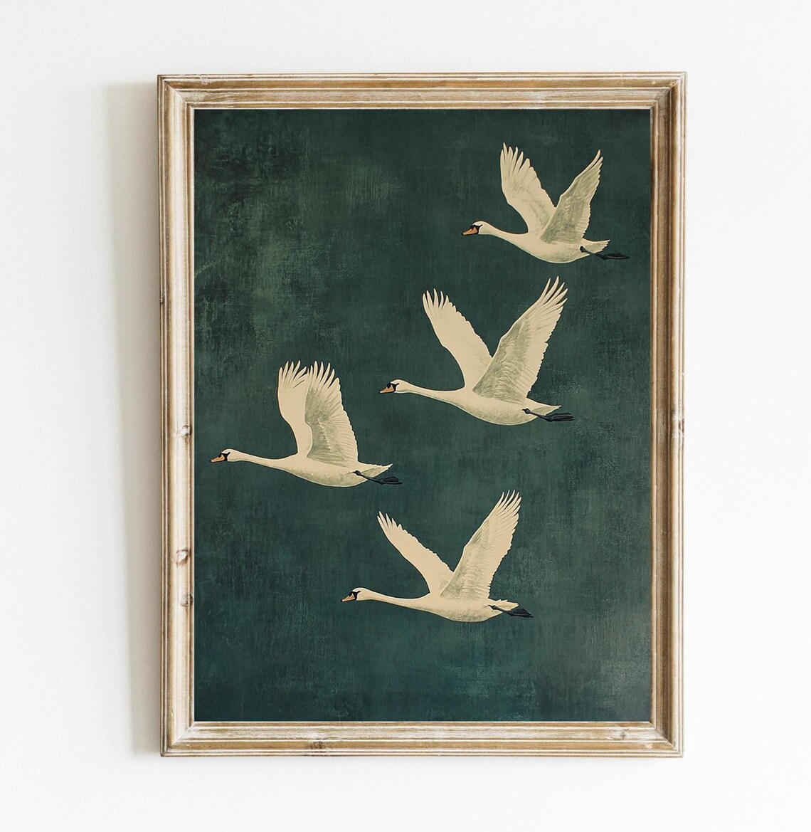 Flying White Swans on Dark Green Japandi Minimalist Art Poster