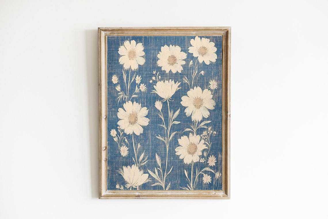 Dusty Blue Daisy Floral Vintage Textile Botanical Linen Wall Art