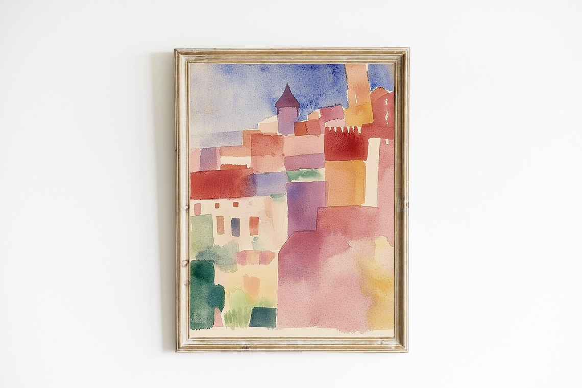 Abstract Watercolor Village With Church Pastel Modern Art Poster