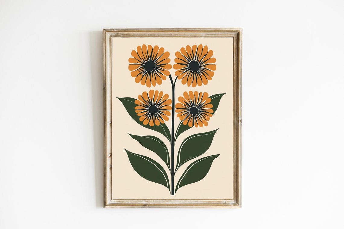 Quartet of Orange Daisies on One Tall Stem Boho Botanical Poster
