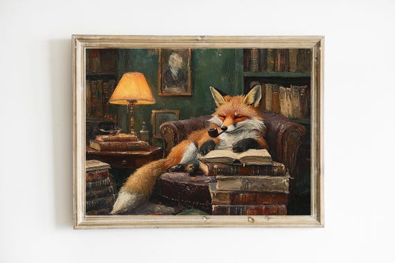 Fox In A Library Print Art Fine Decor Book Lover Gift Retro E847