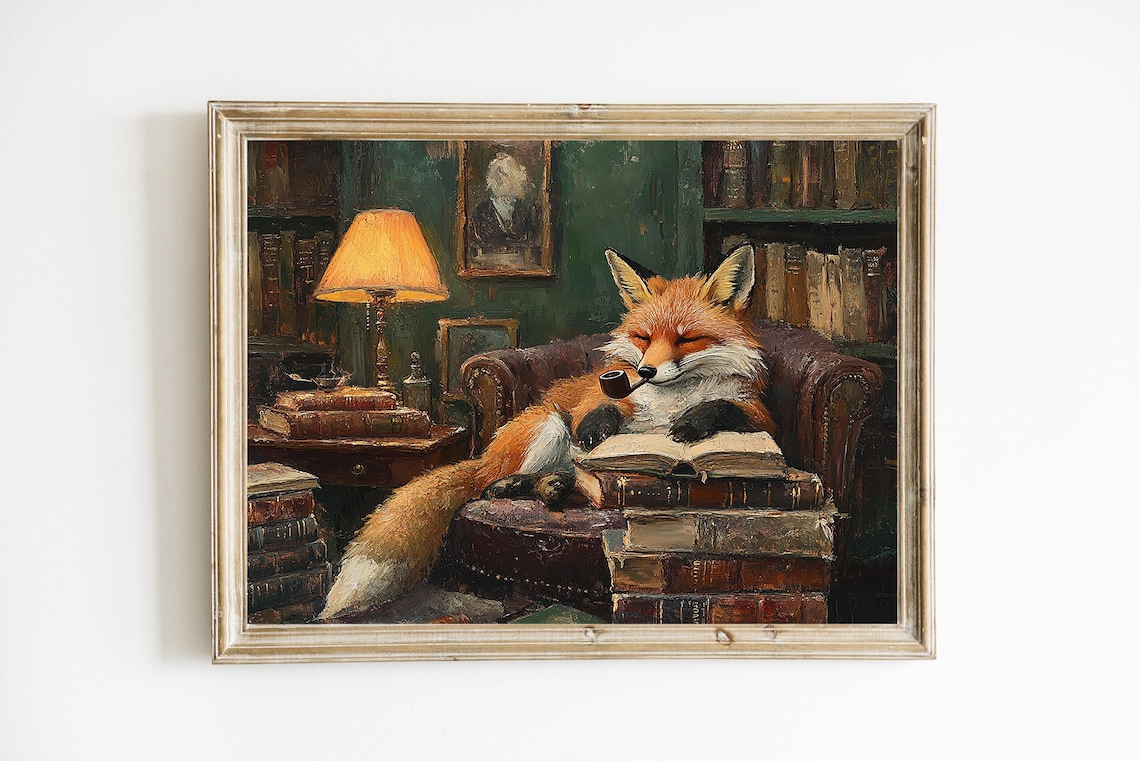Red Fox Reading Books in Cozy Library Vintage Oil Painting Poster