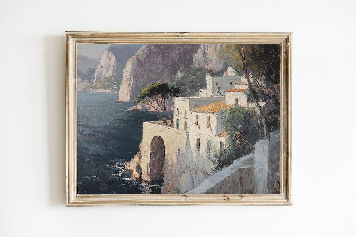Amalfi Coast Italy Cliffside Village Vintage Mediterranean Poster