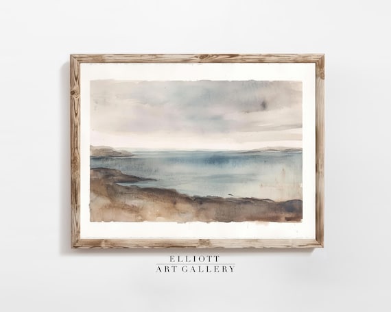 Soft Gray Watercolor Seascape Coastal Calm Landscape Art Poster