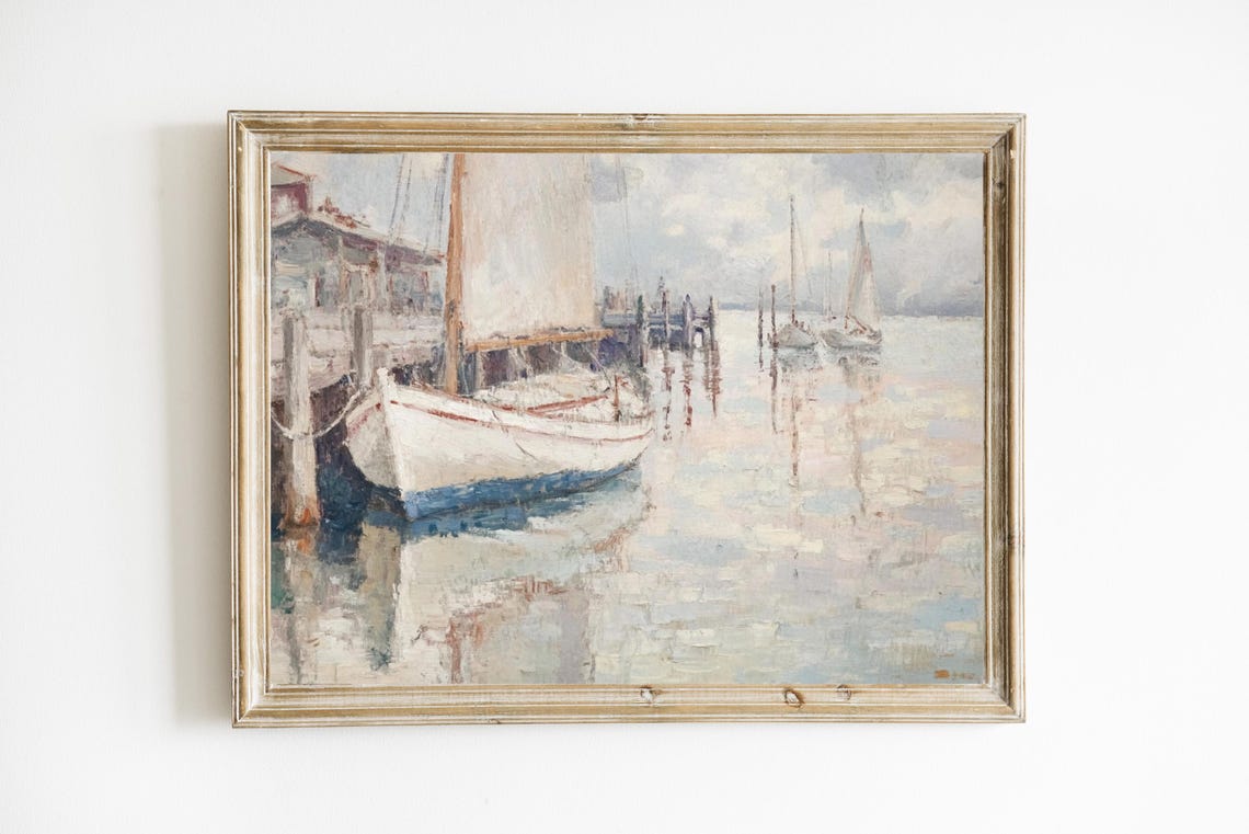 Sailboats At Dock Impressionist Marina Oil Painting Nautical Poster