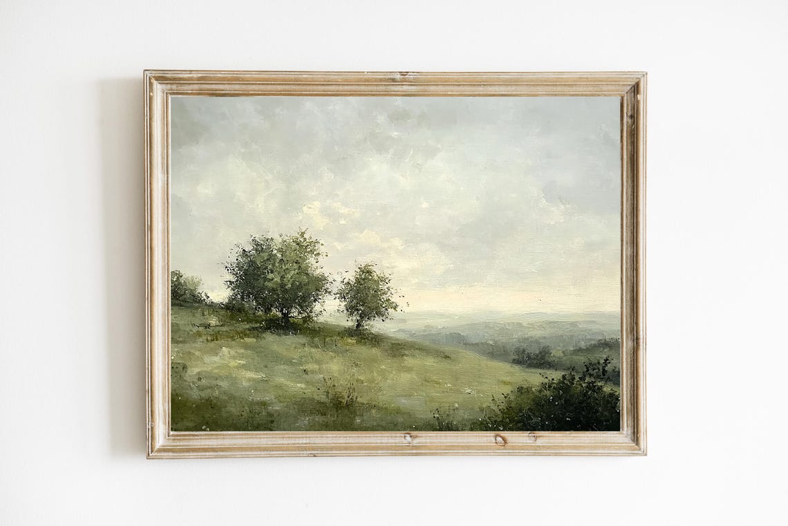Moody Countryside Landscape Hills Oil Painting Rustic Art Print