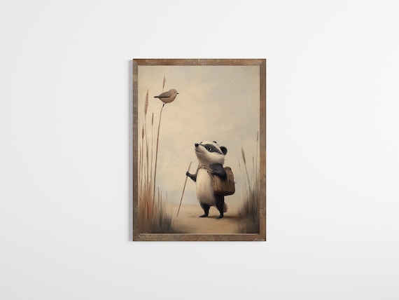 Charming Badger Print Whimsical Nursery Wall Art Vintage Nature Natural Decor E943