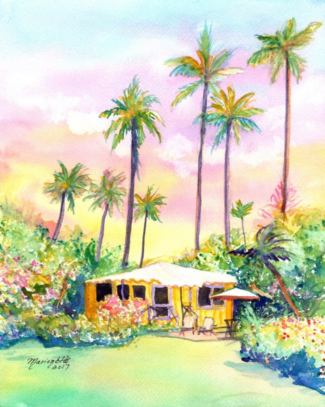 Yellow Kauai Cottage, Kauai Hawaii Tropical Art Print