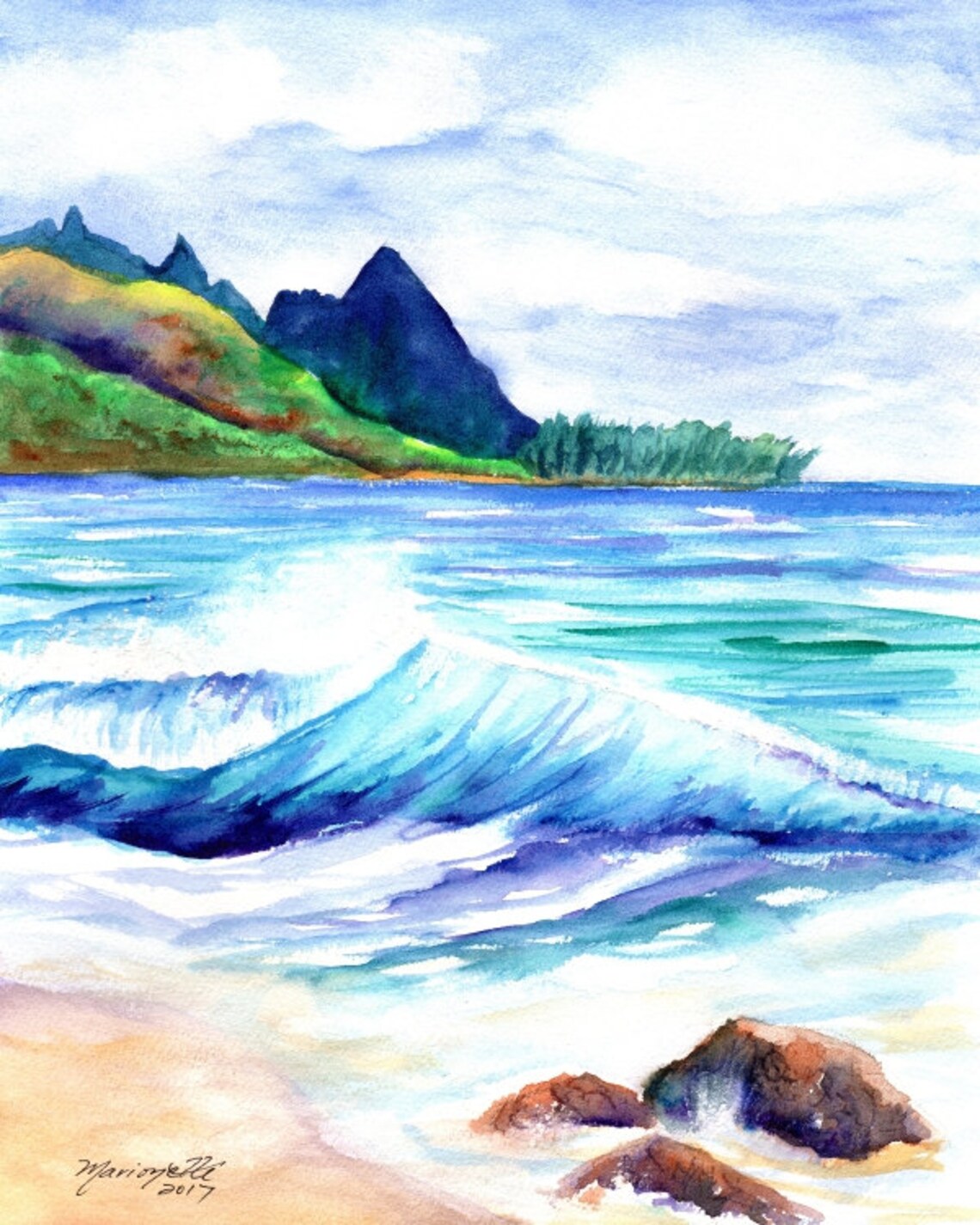 Kauai Tunnels Beach Watercolor Art Print, Hawaii