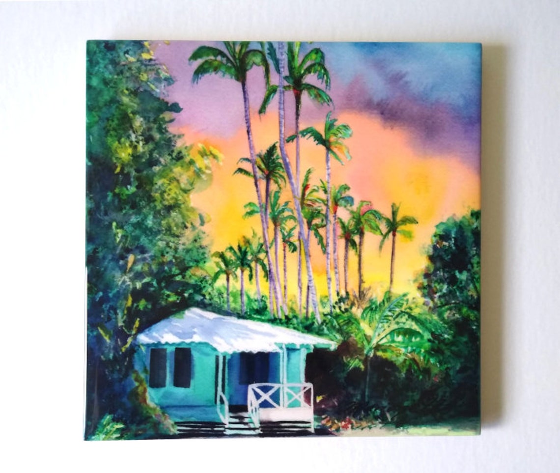 Plantation Cottage With Sunset Kauai Hawaii Ceramic Tile Art By Marionette Trivet
