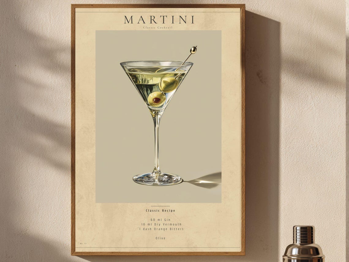 Martini Poster Vintage Cocktail Wall Art Bar Cart Decor Printable Download