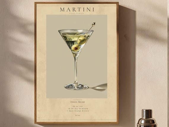 Martini Poster Vintage Cocktail Wall Art Bar Cart Decor Printable Download
