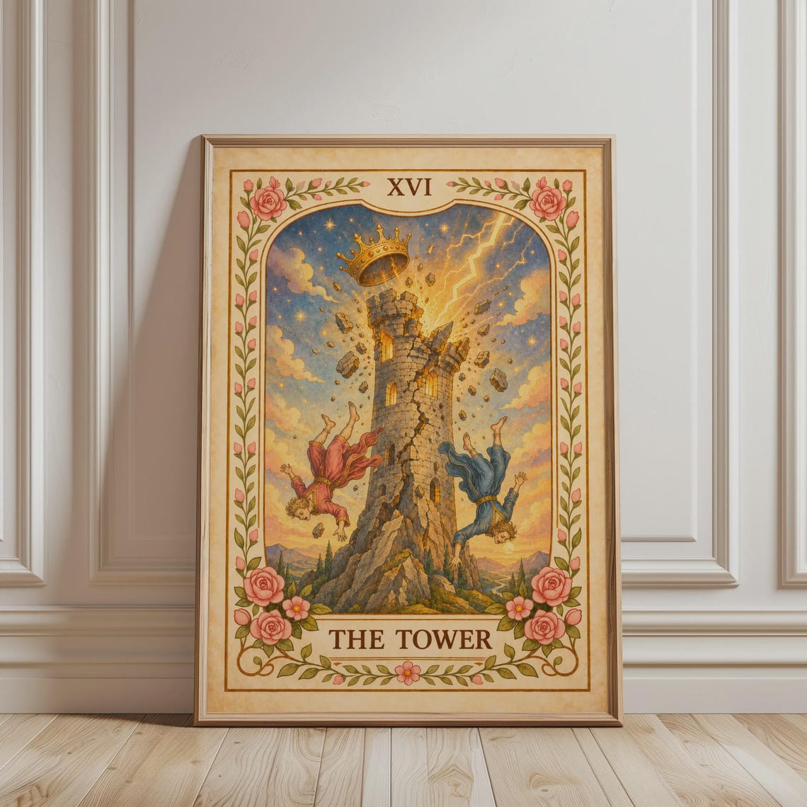 The Tower Tarot Card Print Floral Boho Mystic Lightning Strike Decor