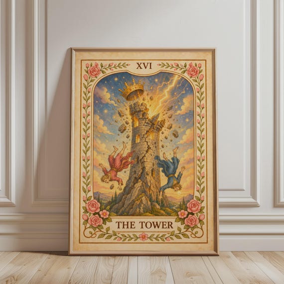 Spiritual Wall Art 16 The Tower Tarot Card Print Floral Bohemian Major Arcana Mystic Botanical Vintage Poster Celestial Home Decor