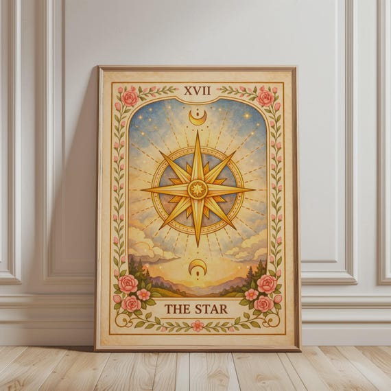 Spiritual Wall Art Star Tarot Card Print Boho Floral Heavenly Night Mystic Botanical Vintage Poster For Celestial Home Decor