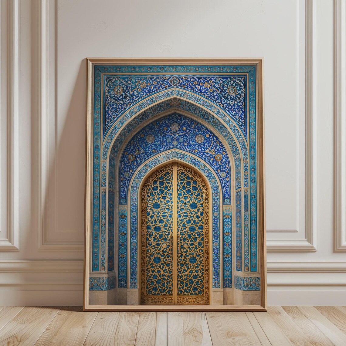 Golden Mosque Door Blue Islamic Arch Tilework Ornate Architecture Poster