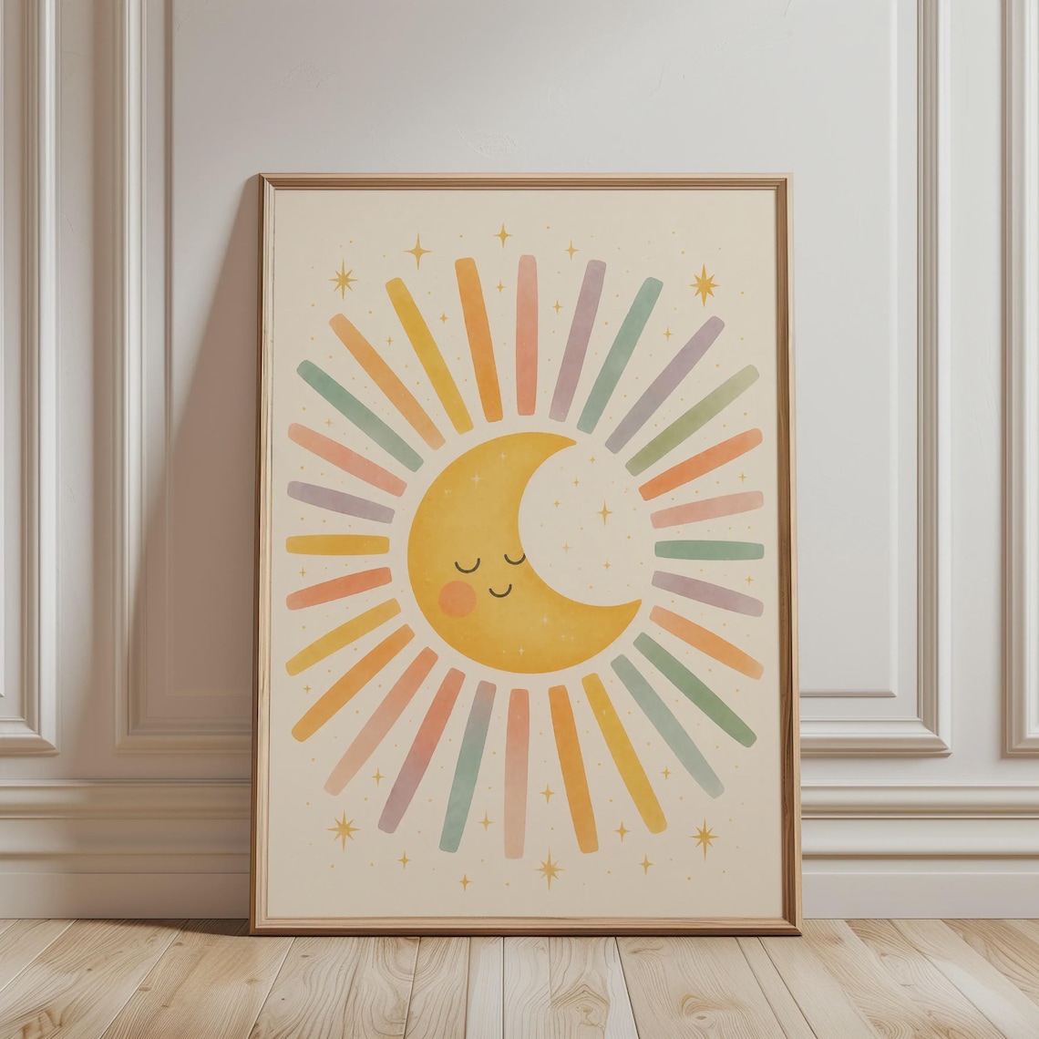 Cute Smiling Crescent Moon, Boho Celestial Art Print