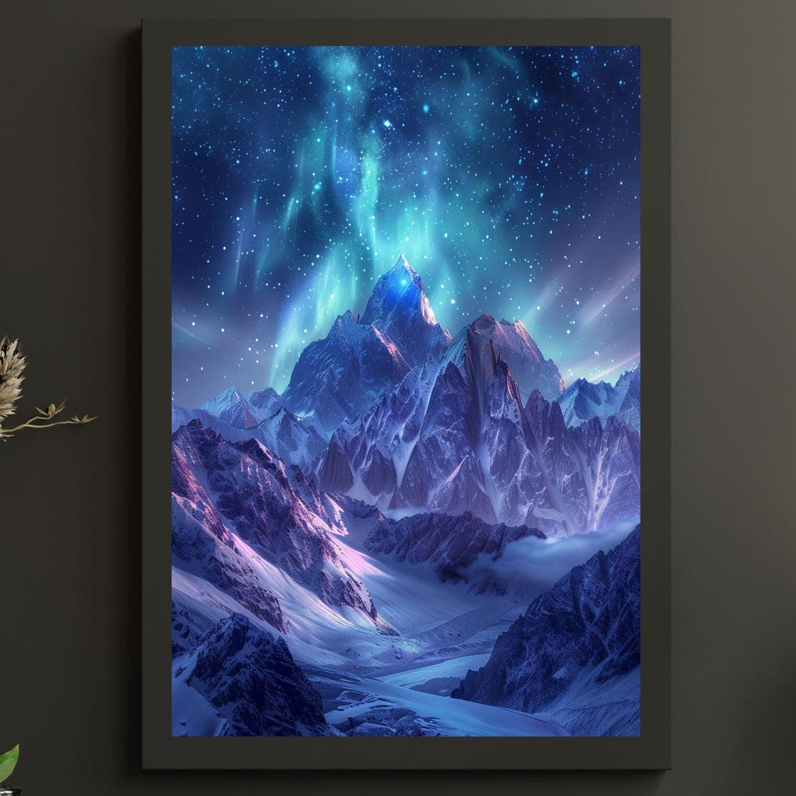 Northern Lights Aurora Borealis Over Snowy Mountain Peaks Poster