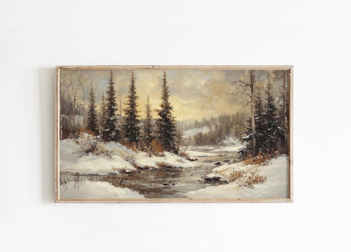 Winter Snowy Forest Stream Painting Golden Sky Tall Pines Poster - Image 3