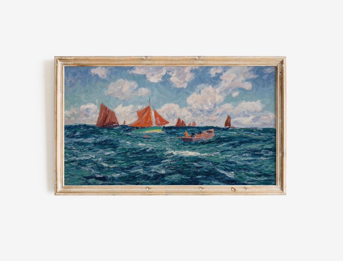 Red Sailed Boats Impressionist Seascape Coastal Painting Poster - Image 4