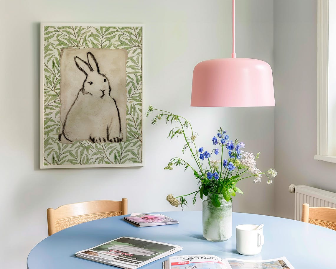 Bunny Sketch Green Botanical Leaf Border Spring Easter Nursery Print - Image 2