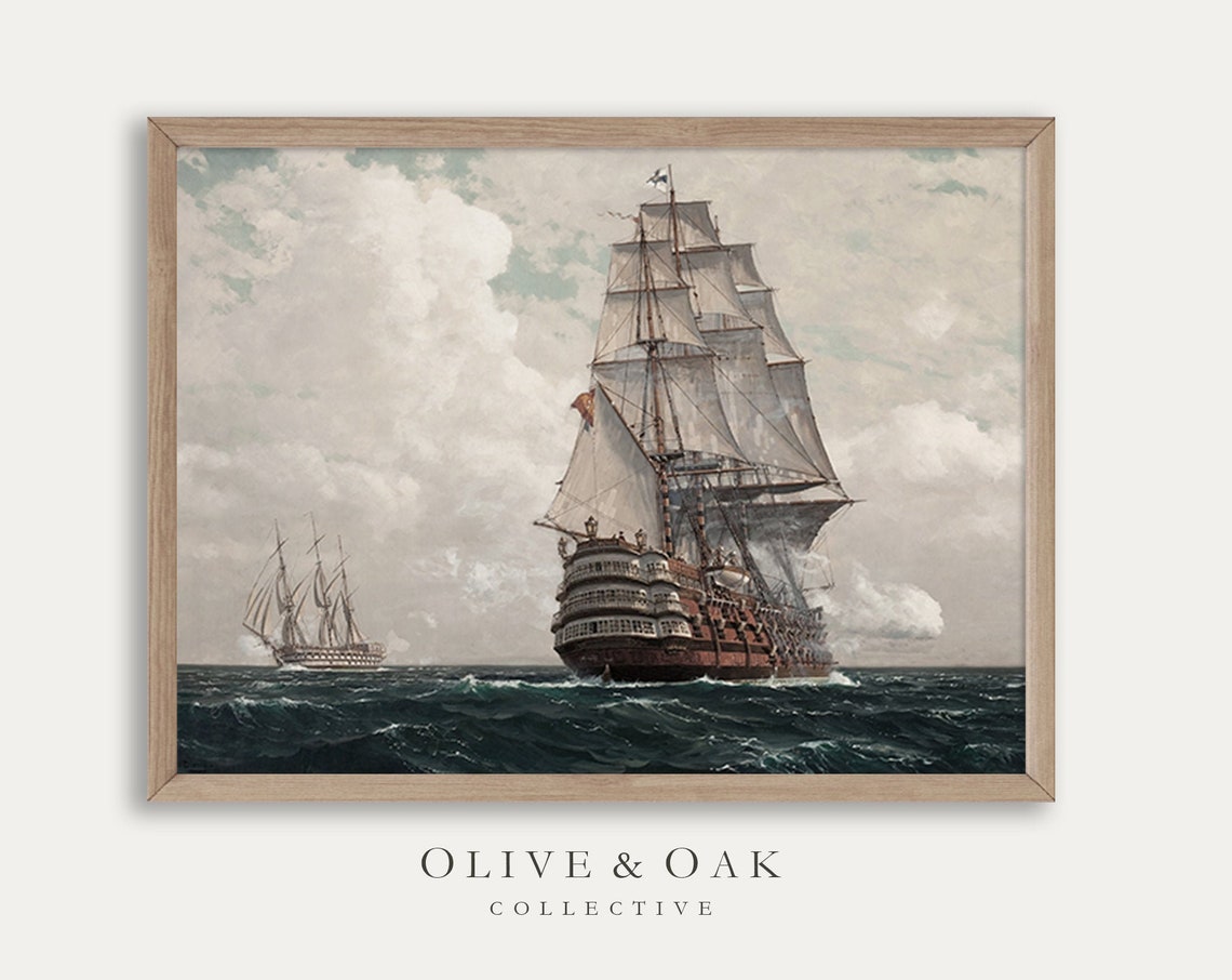 Moody Seascape Vintage Ship Art Print, Coastal