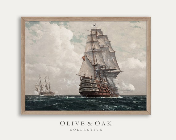 Moody Seascape Vintage Ship Art Print, Coastal