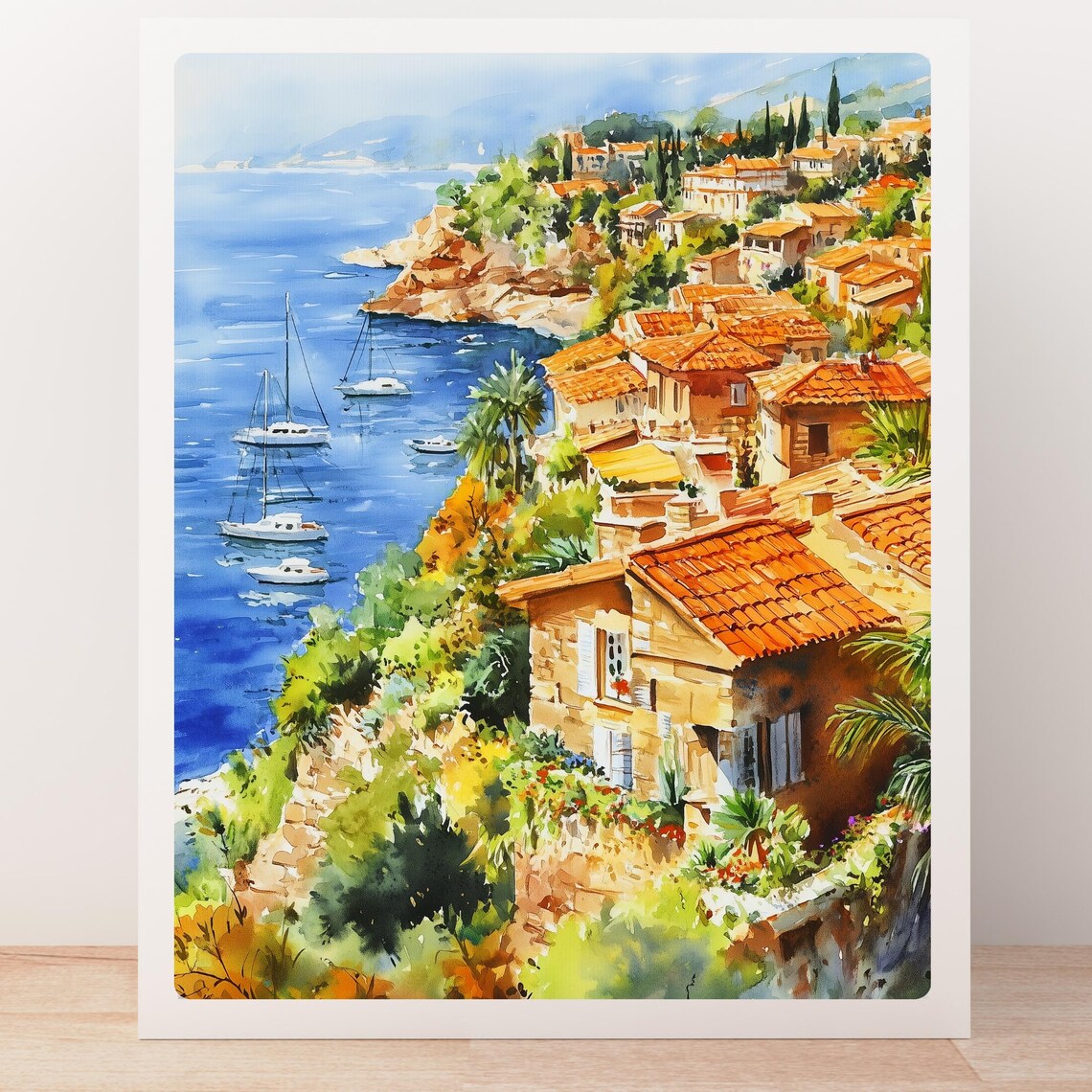 French Riviera Coastal Village with Sailboats Watercolor Poster - Image 4