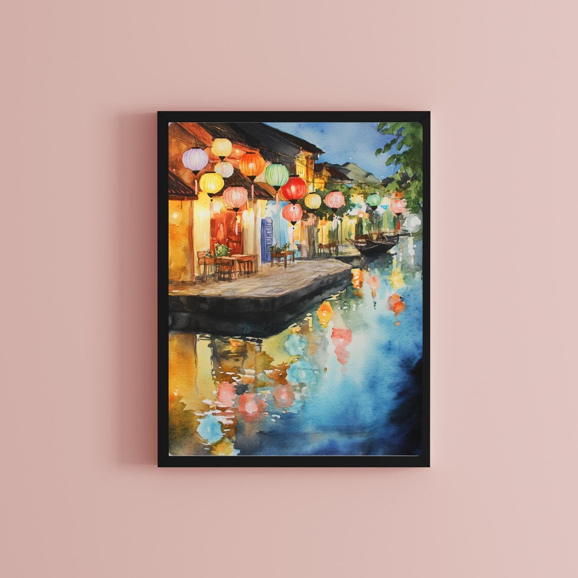 Hoi An Riverside Lantern Night Market Scene Watercolor Poster - Image 2