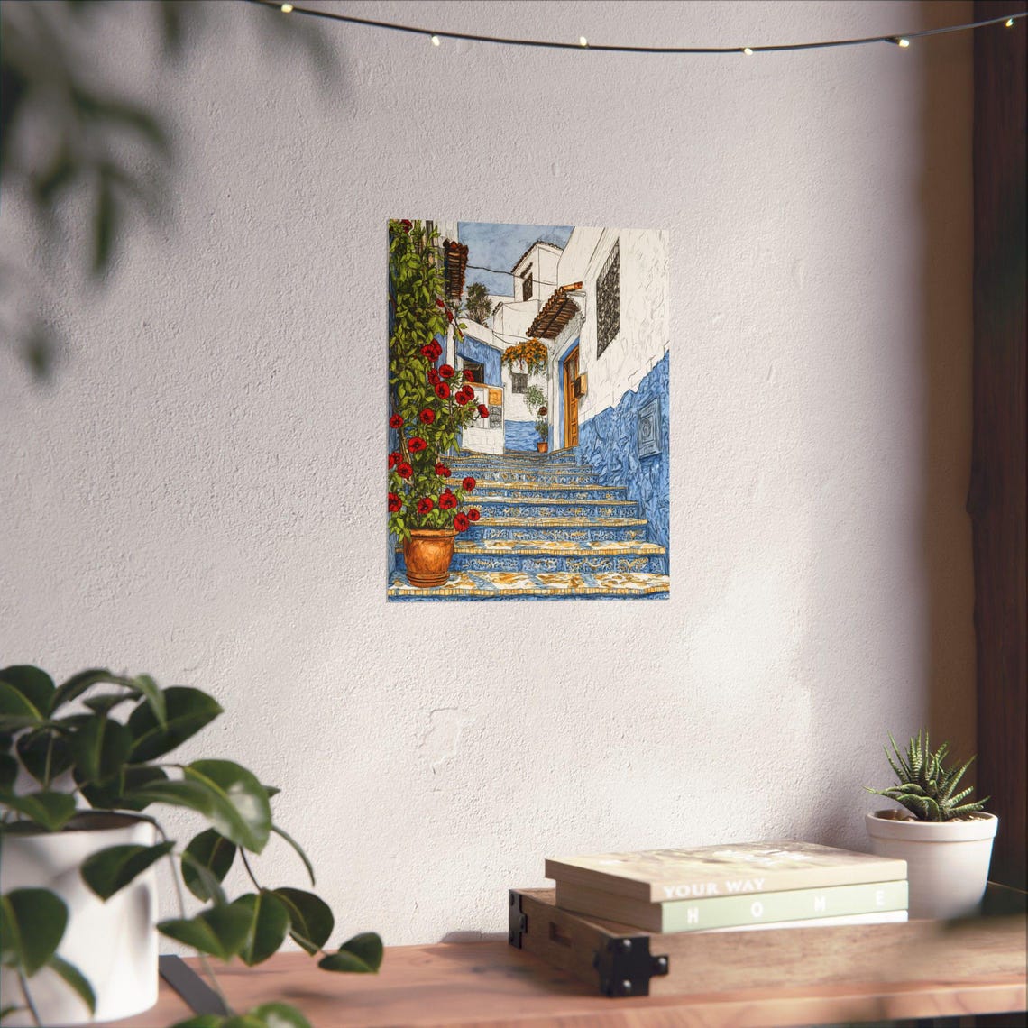 Moroccan Blue Alley Staircase with Red Geraniums Ink Drawing Poster - Image 3