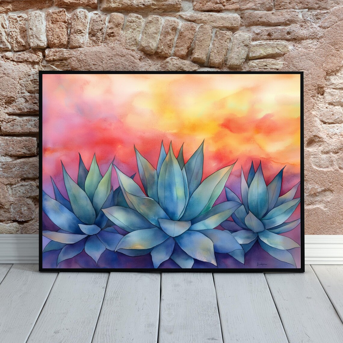 Three Agaves Soft Pink Sunset Watercolor Botanical Desert Poster - Image 3