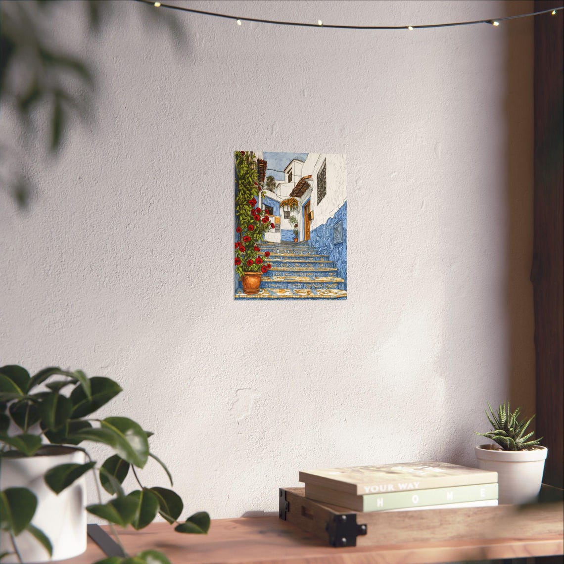 Moroccan Blue Alley Staircase with Red Geraniums Ink Drawing Poster - Image 4