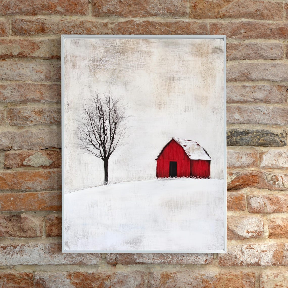 Red Barn in Snow with Lone Bare Tree Minimalist Winter Art Print - Image 6