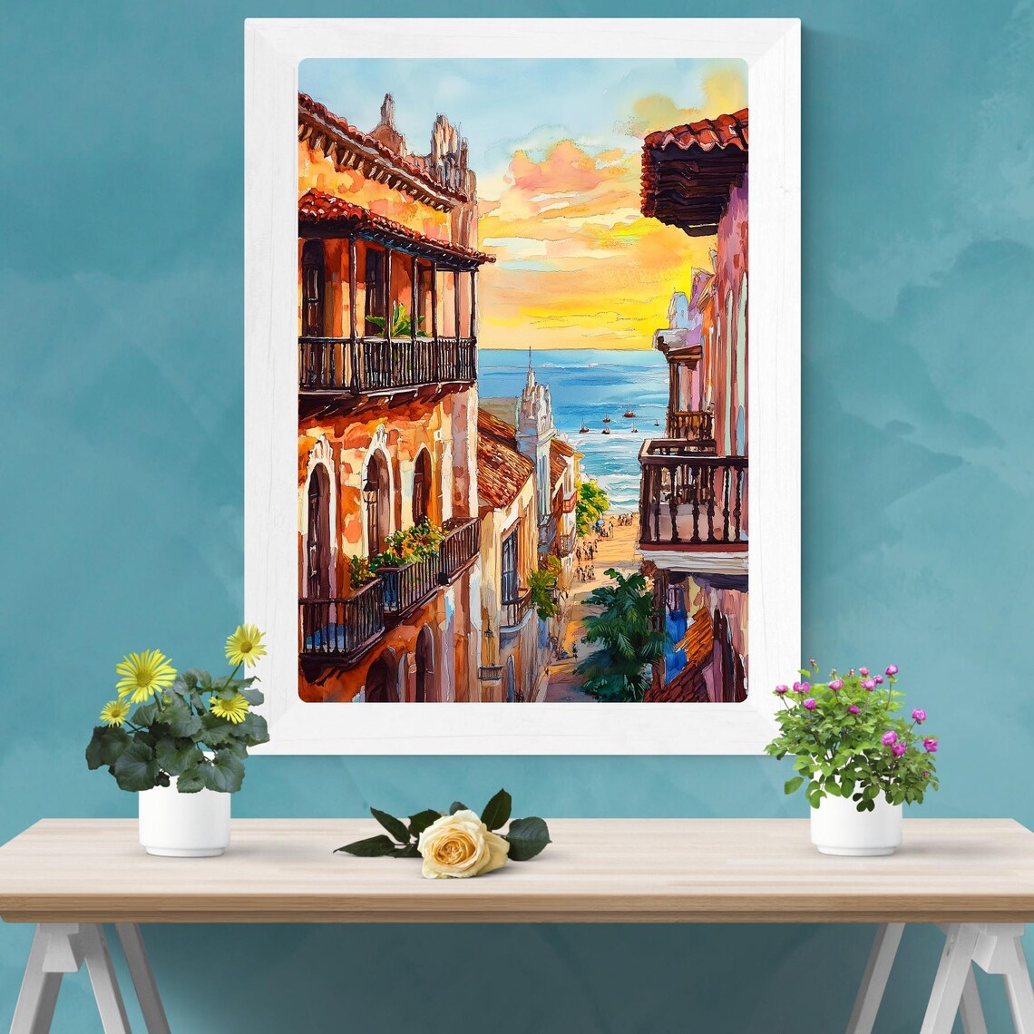 Colonial Street Leading to the Sea in Cartagena at Sunset Poster - Image 2
