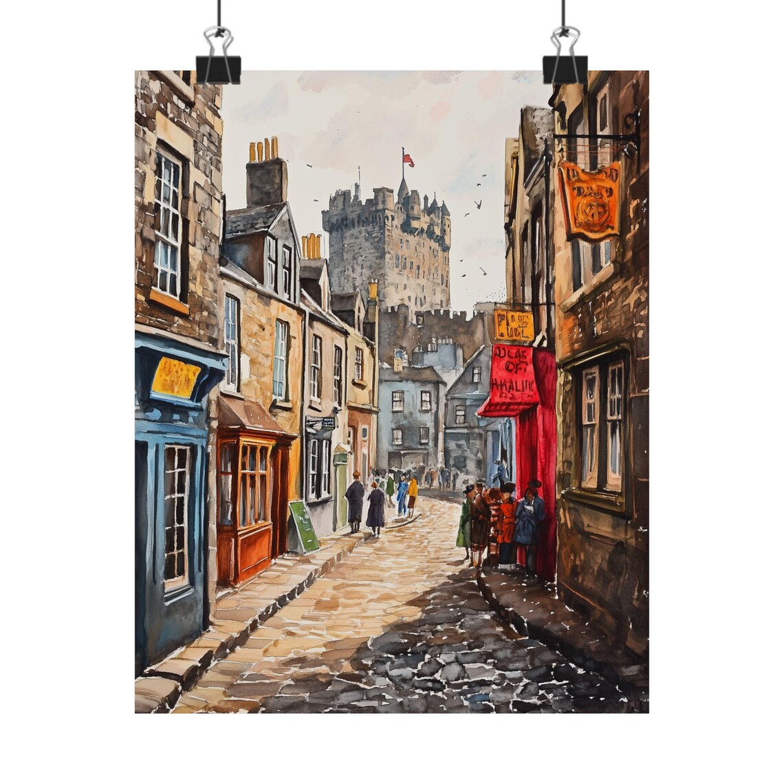 Edinburgh Scottish Street Scene Travel Poster, Scotland