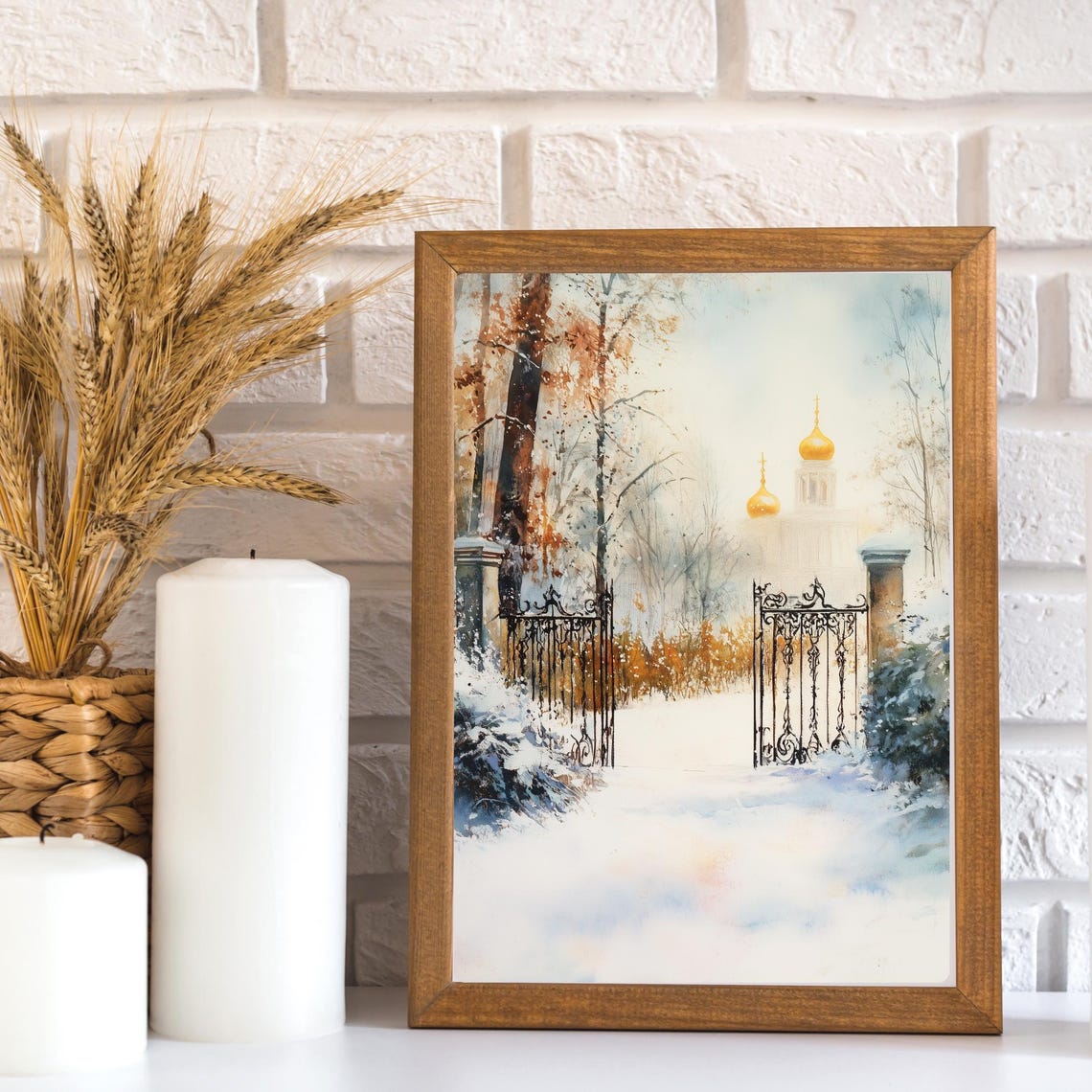 Russian Winter Palace Art Snowy Garden Scene Painting Golden Domes Print Ornate Iron Gates Wall Decor Eastern Orthodox Art - Image 2
