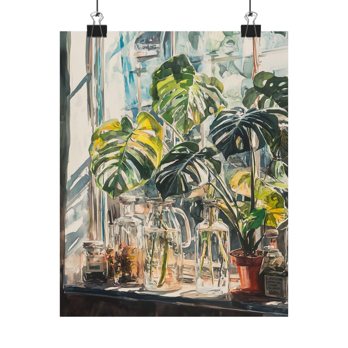 Sunlit Windowsill with Monstera Leaves and Glass Jars Poster