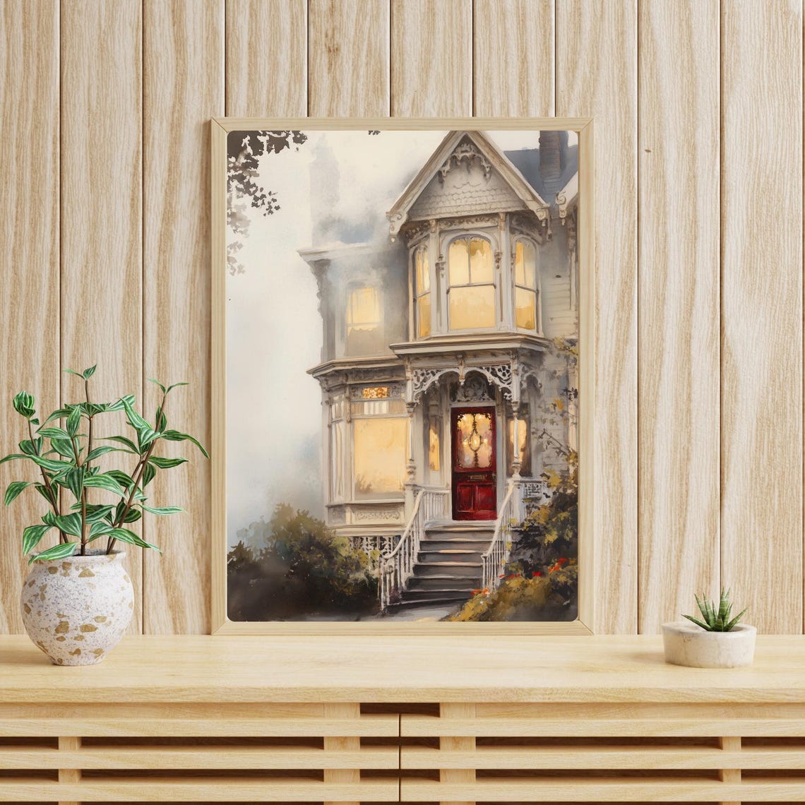 Victorian House in Fog Red Door Glowing Windows Watercolor Poster - Image 5