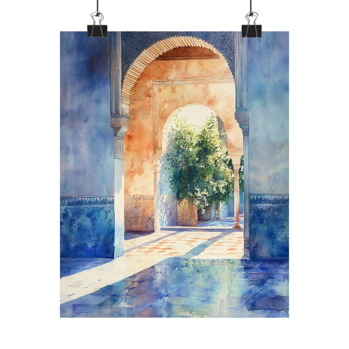 Alhambra Granada Moorish Arches Sunlit Courtyard Watercolor Poster