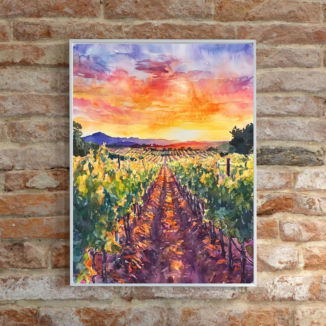Sunset Over Vineyard Watercolor Painting Golden Hour Wall Art Winery Landscape Print Country Sunset Decor Vineyard Field View - Image 6