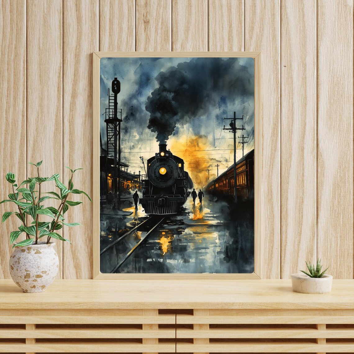 Steam Locomotive Departing a Rainy Night Railway Station Poster - Image 4