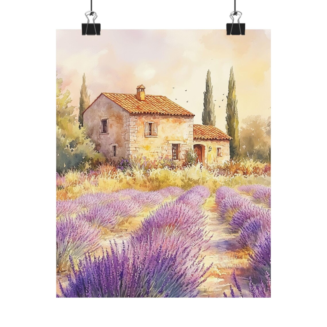 Lavender Field Stone Farmhouse French Countryside Watercolor Poster