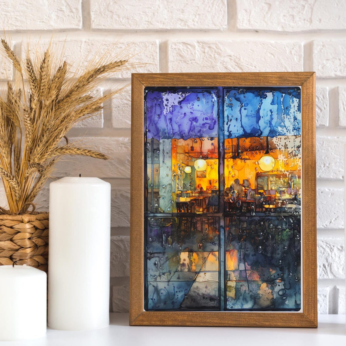Rainy Night Cafe Window Warm Interior Glow Watercolor Poster - Image 3