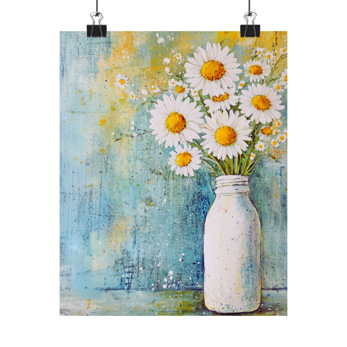 White Daisies in a Milk Bottle Rustic Spring Floral Art Print