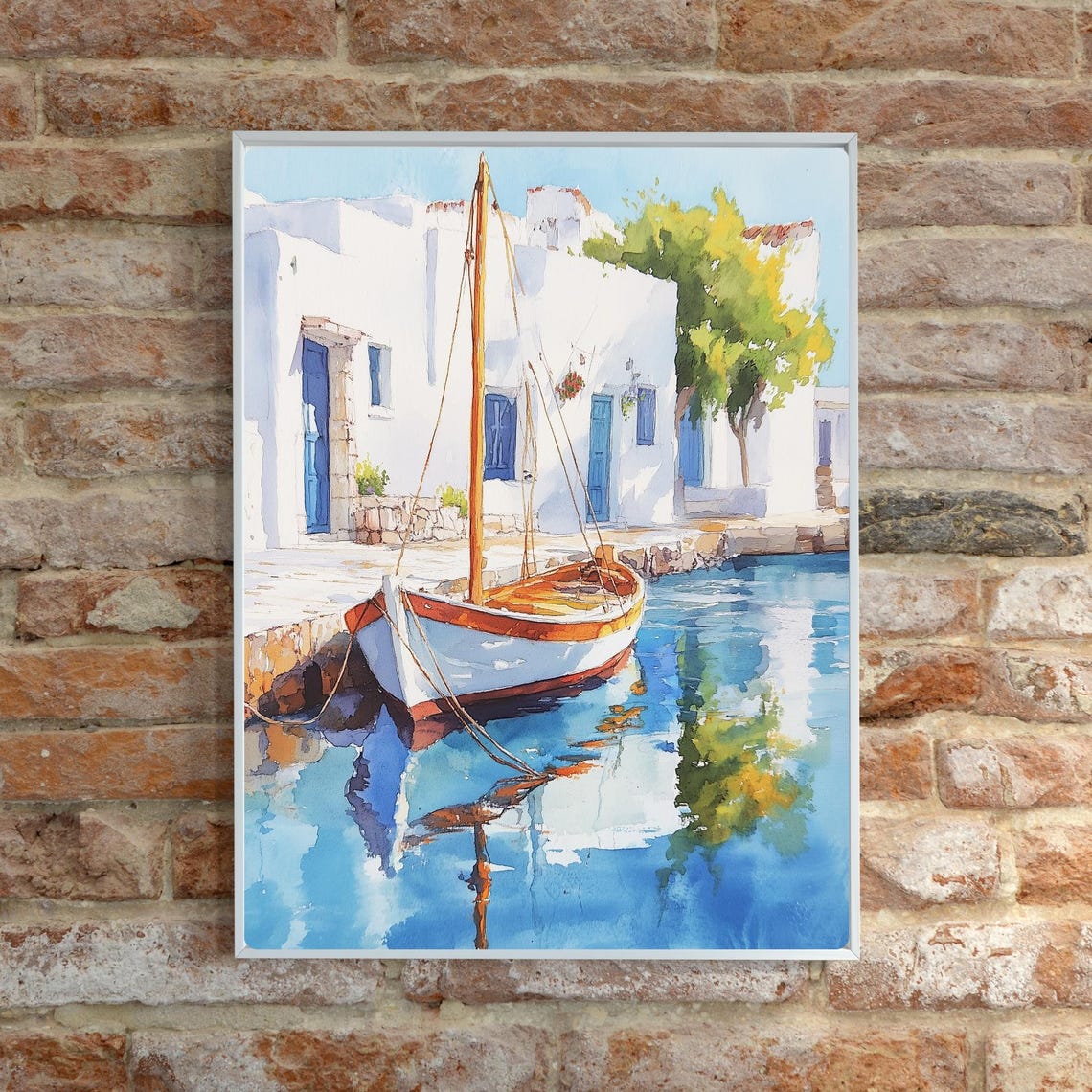 Whitewashed Greek Island Harbor with a Moored Sailboat Poster - Image 6
