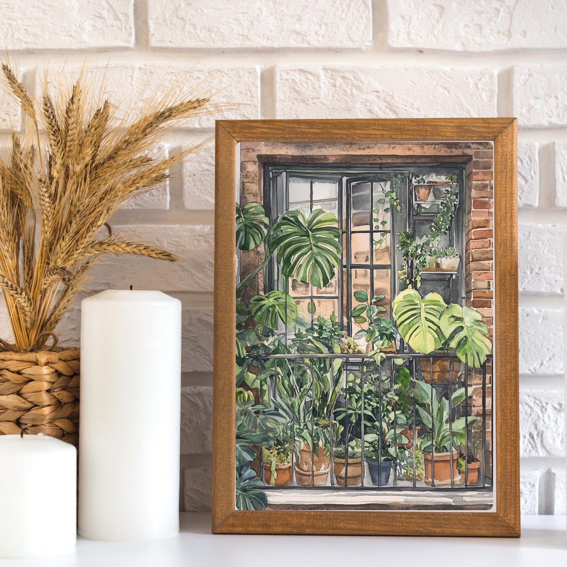 Potted Monstera Plants on a Brick Balcony Window Scene Poster - Image 3