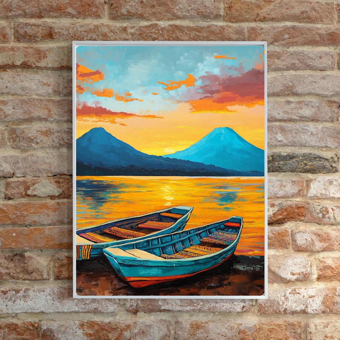 Lake Atitlan Sunset Boats with Volcanoes Guatemala Oil Painting Poster - Image 5