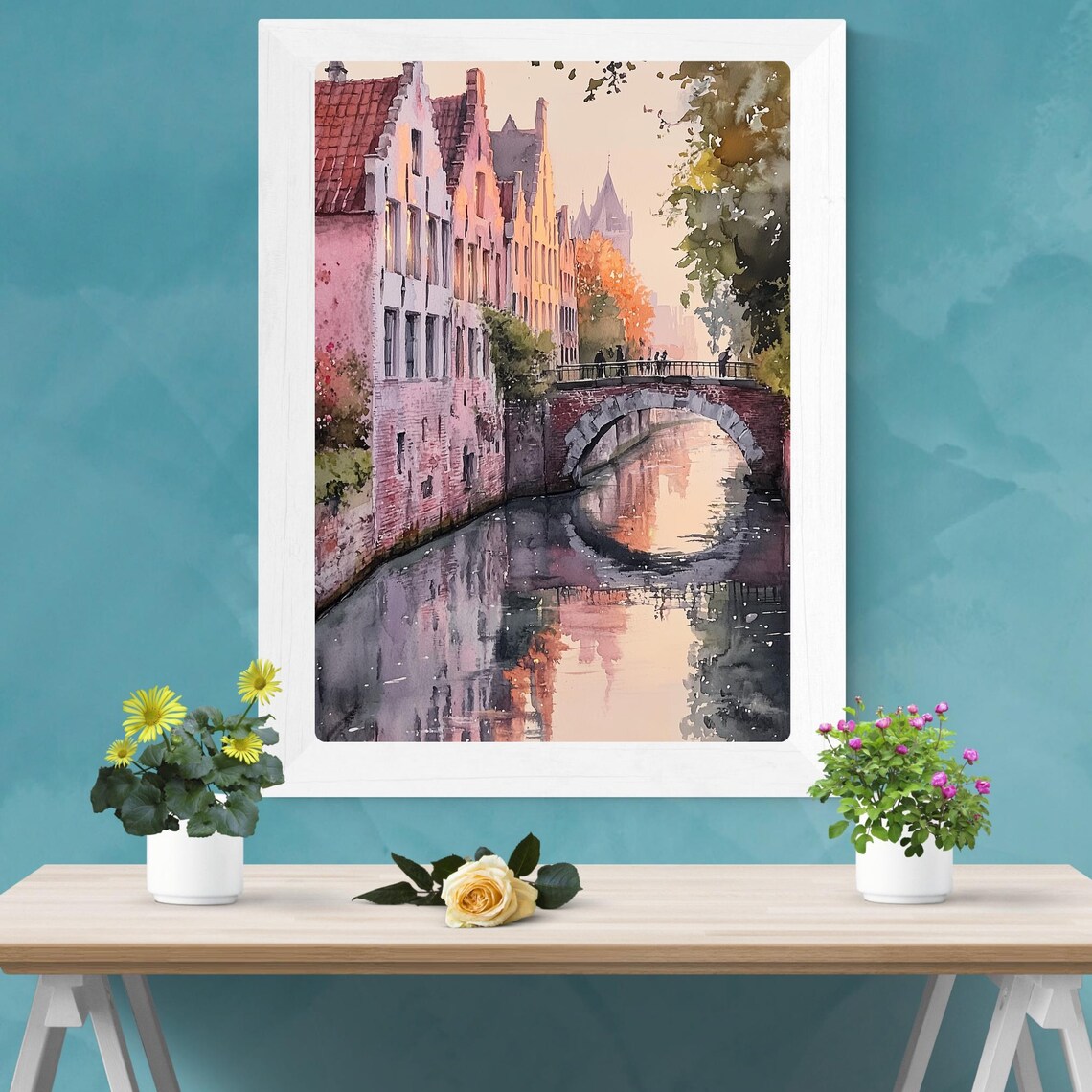 Bruges Belgium Dawn Canal Medieval Bridge Row Houses Watercolor Poster - Image 3